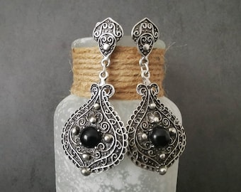 Ethnic Teardrop Floral Embroidery Stud Earrings: Silver Plated Tribal Statement Earrings