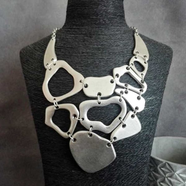 Organic Irregular Shaped Statement Necklace: Silver Plated Chunky Collar, Oversized Necklace