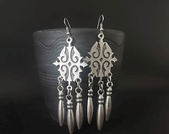 Ethnic Silver Plated Chandelier Earrings, Moroccan Jewelry, Bohemian Dangle Earrings, Boho Jewelry