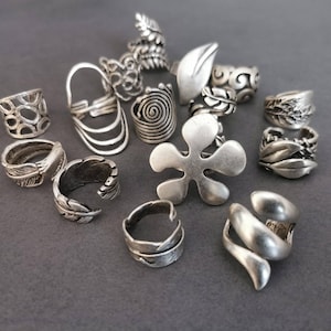 Op de afbeelding: Een verzameling zilverkleurige metalen ringen met diverse ontwerpen, waaronder een grote bloem met vijf bloemblaadjes, spiraalpatronen, bladmotieven, open banden en complexe uitgesneden vormen. De ringen hebben een matte afwerking en liggen in een groep.