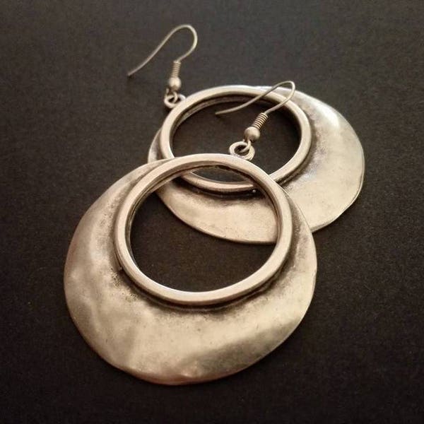 Ethnic Antique Silver Plated Round Dangle Earrings, Boho Chic Earrings, Bohemian Jewelry CZ22