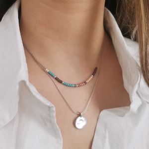Set of two layered necklaces, silver plated stacking charm necklace, women minimal beaded dainty chocker, multi layer boho necklaces CM2