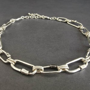 Antique silver plated padlock oval shaped links necklace, adjustable free form chain collar necklace, oversized bold neck cuff