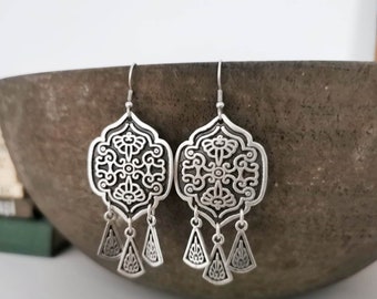 Ethnic Antique Silver Plated Chandelier Engraved Earrings, Floral Pattern Mandala Earrings, Boho Jewelry