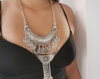 Statement Tughra Coin Necklace , Silver Plated Berber Ethnic Boho Jewelry  CZN-1