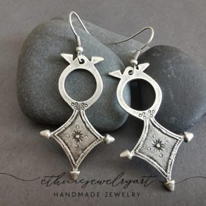 Silver plated tuareg cross berber earrings, dangle tribal earrings, ethnic jewelry CZ16