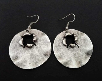 Antique silver round charms dangling earrings, minimal trend bohemian earrings, gift for her