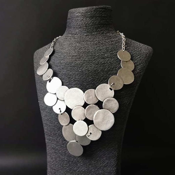 Silver Plated Statement Necklace, Antique Silver Bohemian Chunky Bib Necklace, Ethnic Boho Jewelry