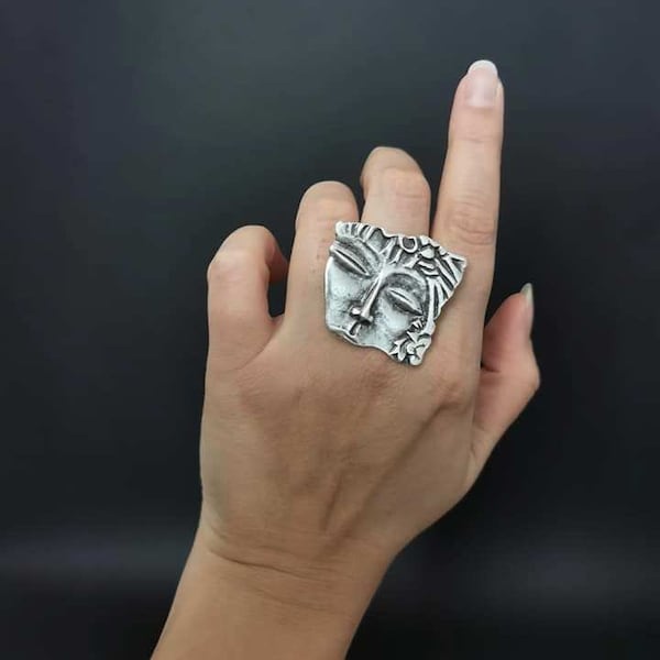 Boho Antique Silver Plated Ring | Adjustable Ethnic Statement Art Nouveau Ring | Bohemian Jewellery