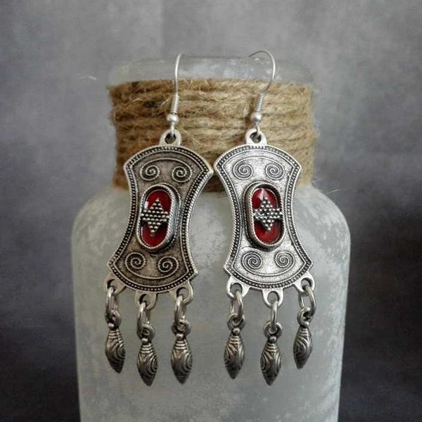 Ethnic Silver Plated Chandelier Earrings, Boho Red Enamel Earrings, Moroccan Jewelry