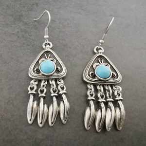 Turquoise chandelier earrings, silver plated dangling statement earrings, boho jewelry image 2