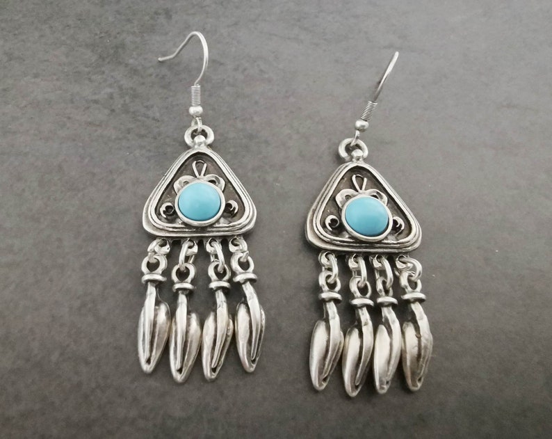 Turquoise chandelier earrings, silver plated dangling statement earrings, boho jewelry image 2