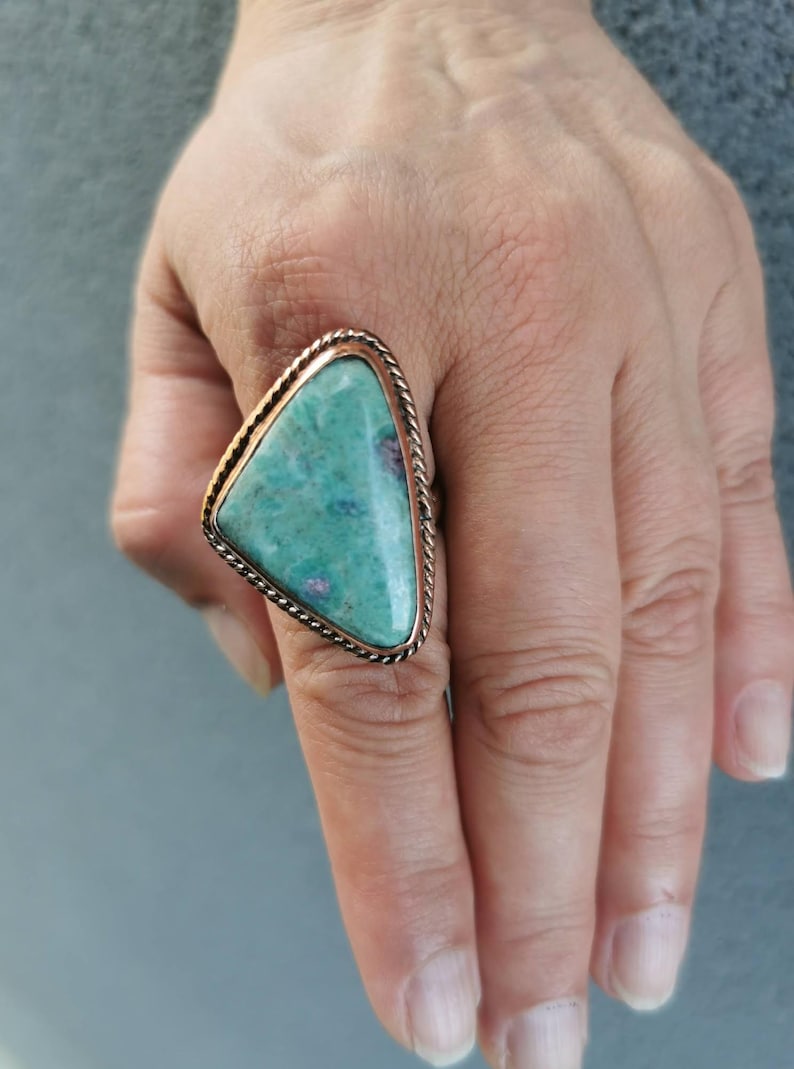Copper Ruby Zoisite Ring Adjustable Triangle Gemstone Statement Boho Earthy Jewelry image 12