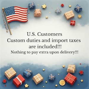 Może przedstawiać: Ilustracja z amerykańską flagą, pudełkami na prezenty, gwiazdami i tekstem "U.S. Customers, Custom duties and import taxes are included!!! Nothing to pay extra upon delivery!!!"