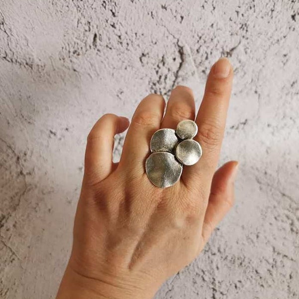 Boho Antique Silver Plated Statement Asymmetric Ring, Adjustable Ring, Bohemian Ring, Ethnic Jewelry