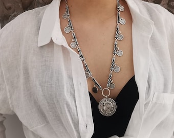 Statement Coin Necklace: Antique Silver Plated Tribal Boho Long Necklace COZ55