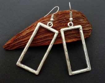 Rectangular Earrings: Antique Silver Plated Dangling Earrings, Boho Jewelry