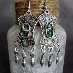 Ethnic Silver Plated Chandelier Earrings, Boho Green Enamel Earrings, Moroccan Jewelry image 3