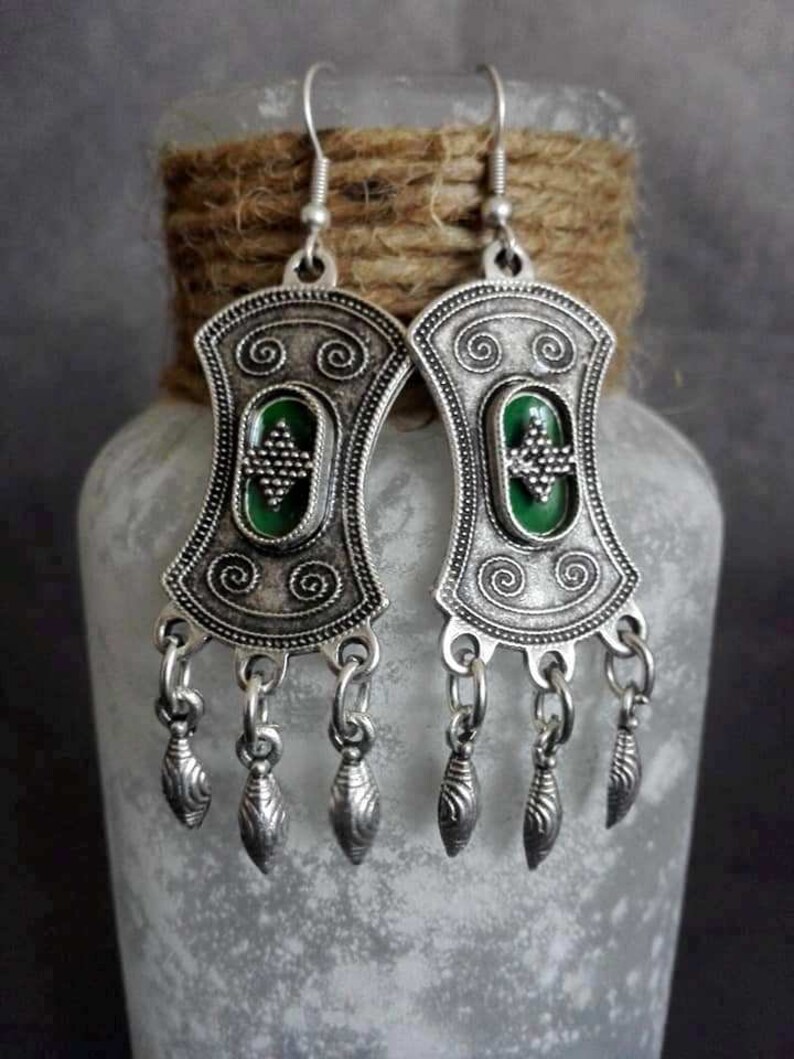 Ethnic Silver Plated Chandelier Earrings, Boho Green Enamel Earrings, Moroccan Jewelry image 3