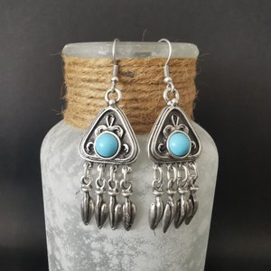 Turquoise chandelier earrings, silver plated dangling statement earrings, boho jewelry image 6