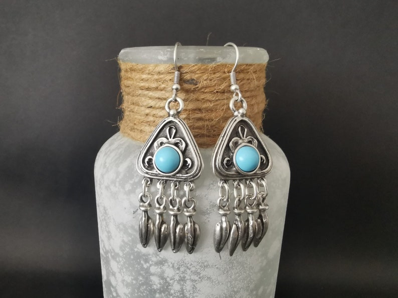 Turquoise chandelier earrings, silver plated dangling statement earrings, boho jewelry image 6