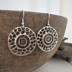 Silver disc earrings, abstract round charm dangle dainty earrings, gothic earrings, boho jewelry