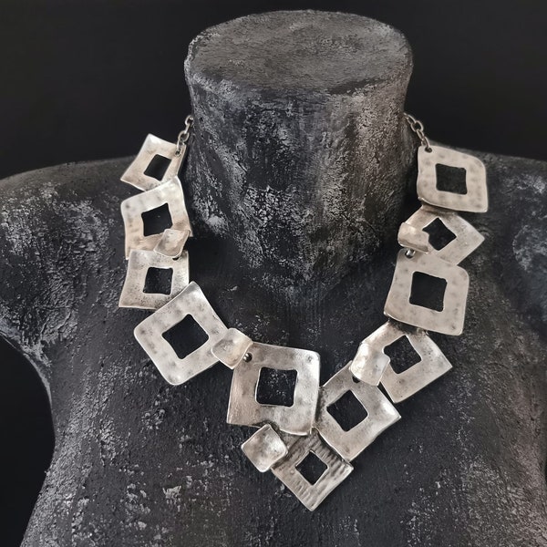 Silver Plated Asymmetrical Statement Necklace, Square Shapes Chunky Bib Necklace, Abstract Jewelry