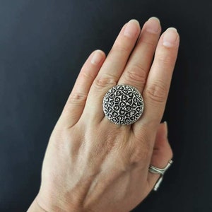Boho Statement Antique Silver Plated Ring, Round Shape Engraved Chunky Bohemian Ring, Ethnic Jewellery