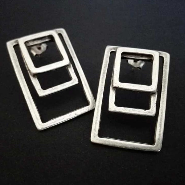 Antique Silver Plated Rectangular Stud Earrings, Minimalist Earrings, Silver Plated Jewelry