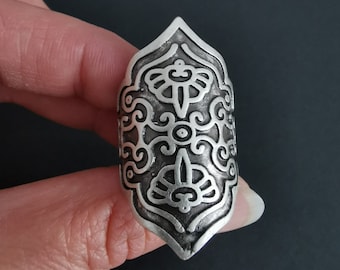 Antiker versilberter Mandala-Ring: Graviertes Blumenmuster Breiter klobiger verstellbarer Ring, US 8-10