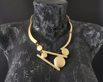 Matte Gold Plated Asymmetrical Necklace, Bohemian Chunky Bib Abstract Geometric Necklace, Minimalist Jewellery