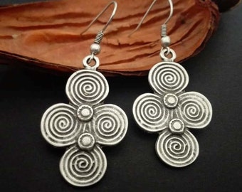 Ethnic Antique Silver Plated Spiral Dangle Earrings, Tribal Earrings, Boho Jewelry