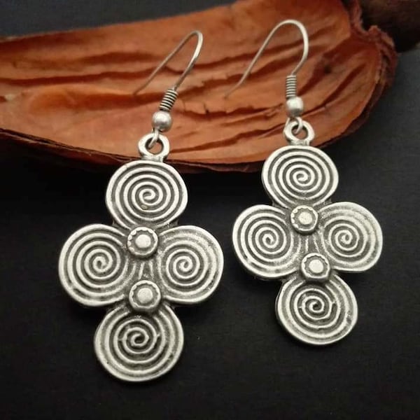 Ethnic Antique Silver Plated Spiral Dangle Earrings, Tribal Earrings, Boho Jewelry