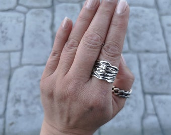 Wide antique silver band ring, organic shape textured boho style cuff open ring, unisex statement ring
