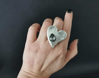 Antique Silver Plated Statement Adjustable Ring | Minimalist Heart Shaped Faceted Crystal Ring | Boho Jewelry