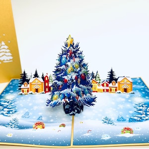 Giant Christmas Tree Pop Up Card - 3D Christmas Tree Pop Up Card - Pop Up Houses and Christmas Tree Card - Christmas Card - Christmas Pop up