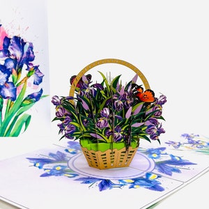 Iris Basket with Butterflies - Pop Up Mother's Day Card- 3D Purple Flower Birthday Card- Floral Thank You Card- Gifts for Mom- Birthday Card
