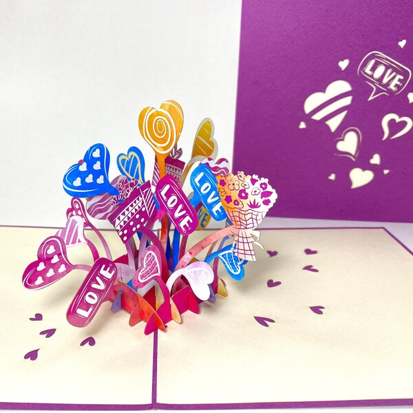 Pop Up Hearts - Purple Love Card - Valentine's Day Card - Mother's Day Card - 3D Anniversary Card/Wedding/Engagement Card/Proposal Card