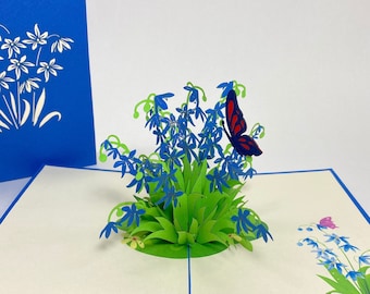 Alpine Squill - Scilla with Butterfly Pop Up Birthday Card- 3D Blue Flower Birthday Card- Friendship Card-Thinking of You Card-Get Well Card