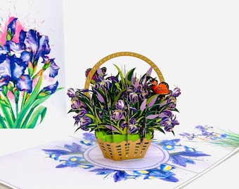 Iris Basket with Butterflies - Pop Up Mother's Day Card- 3D Purple Flower Birthday Card- Floral Thank You Card- Gifts for Mom- Birthday Card