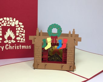 Cute Fireplace - Merry Christmas Card - Christmas Fireplace Socks Pop Up Card - 3D Beautiful Fireplace Stocking Christmas Decoration Card