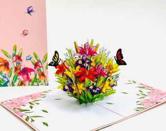 Lilies With Butterflies Pop Up Birthday Card - 3D Oriental Lily Flowers Card - Pop Up Floral Thank You Card - Birthday Card - Good Luck Card
