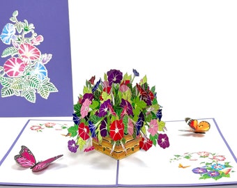 Petunias With Butterflies Pop Up Birthday Card - 3D Petunia Flowers Card - Pop Up Floral Thank You Card - Birthday Card - Good Luck Card