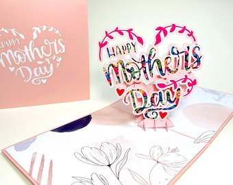 Happy Mother's Day - Pop Up Mother's Day Card - 3D Pink Flower Heart Card - Pop Up Floral Mother's Day Card