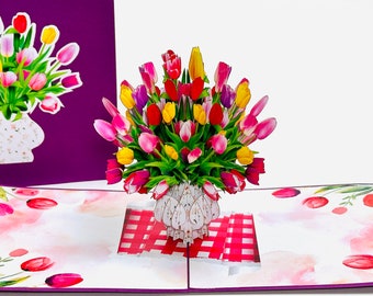 Purple Tulip Vase Pop Up Mother's Day Card - 3D Pop Up Flower Birthday Card - Valentines Pop Up Card -Tulips Get Well Card - Good Luck Card