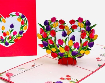 Tulip Heart Pop Up Mother's Day Card - 3D Pop Up Flower Birthday Card - Valentines Pop Up Card - Tulips Get Well Card - Good Luck Card