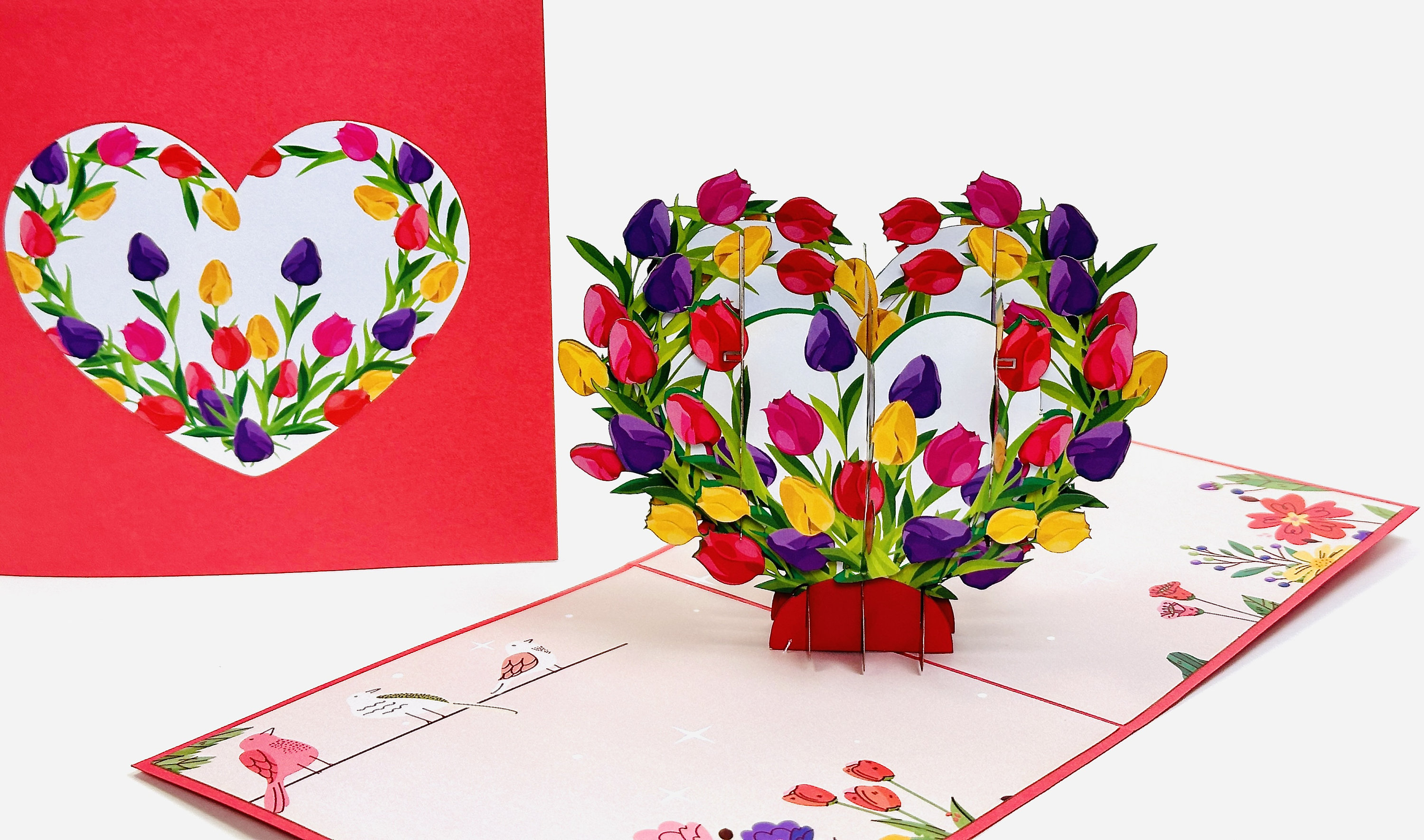 Tulip Heart Pop Up Mother&rsquo;s Day Card - 3D Pop Up Flower Birthday Card - Valentines Pop Up Card - Tulips Get Well Card - Good Luck Card
