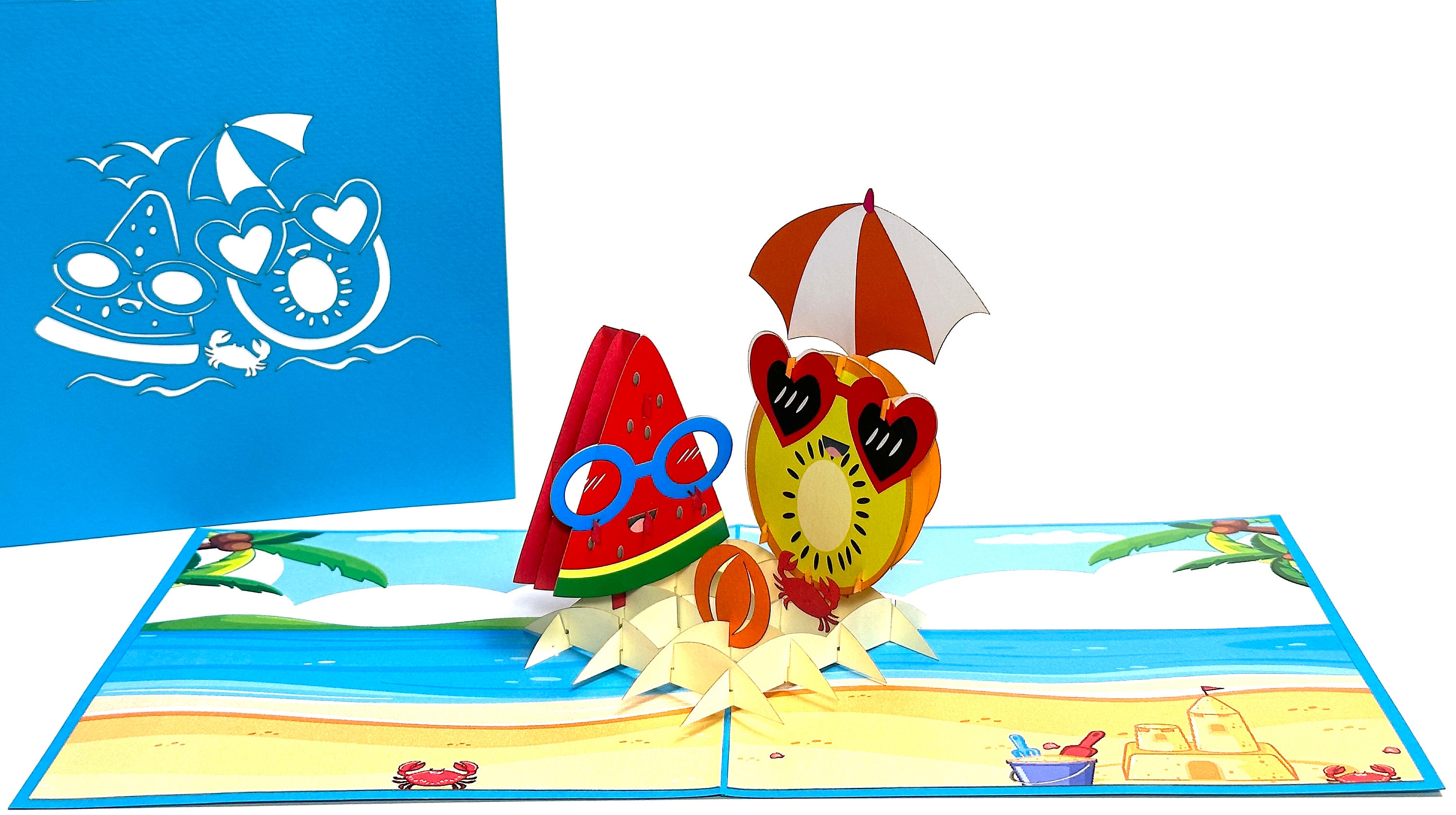 Funny Kiwi and Watermelon Pop-Up Birthday Card – Summer Beach Holiday Card