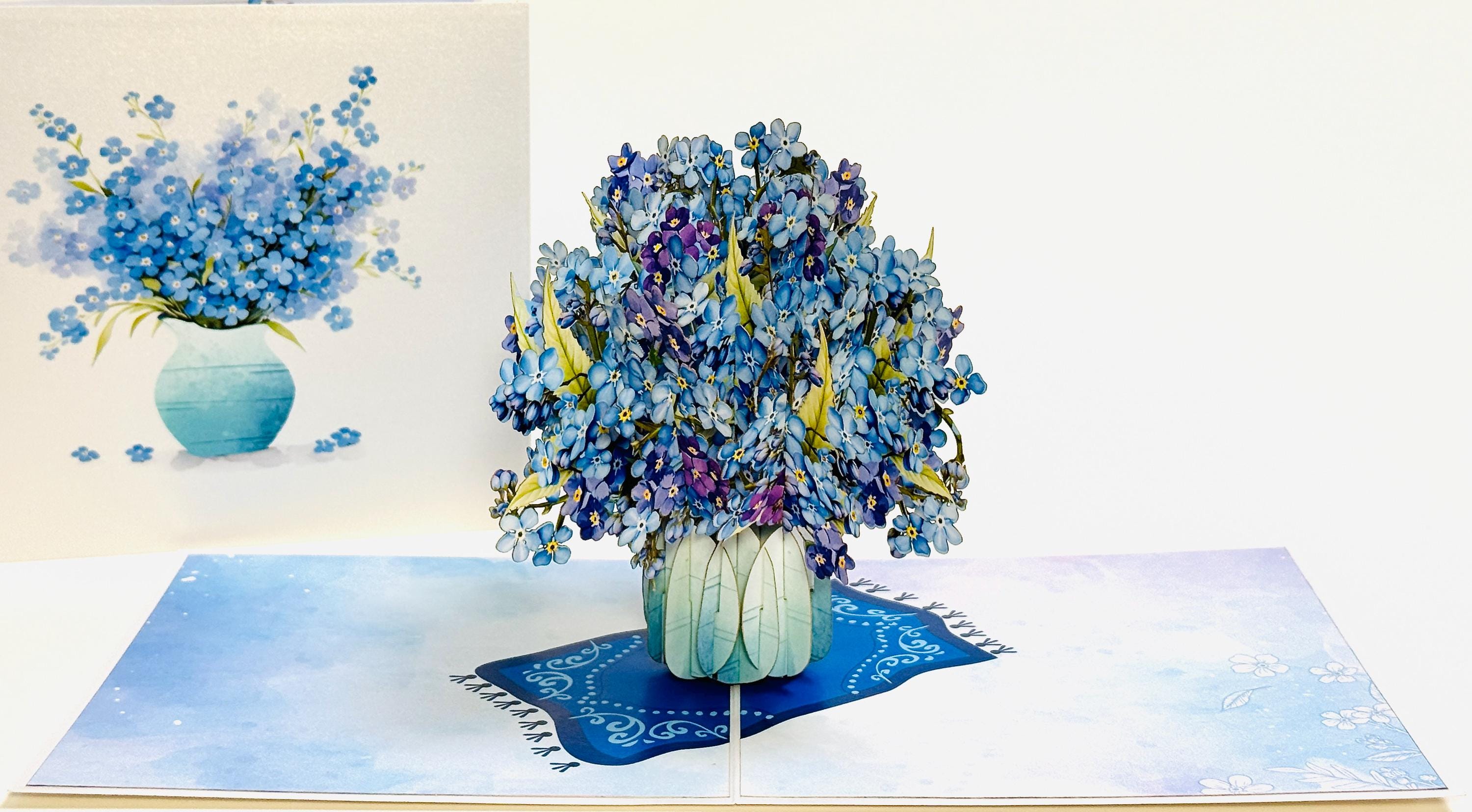Blue Forget Me Not Vase - Pop Up Mother’s Day Card - 3D Blue Flower Card - Pop Up Floral Thank You Card - Gifts for mom - Birthday Card