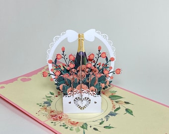 Champagne And Roses Gift Basket 3D Card- Pop Up Flower Mother's Day Card - Floral Thank You Card - Pop Up Flower Birthday - Get Well Card